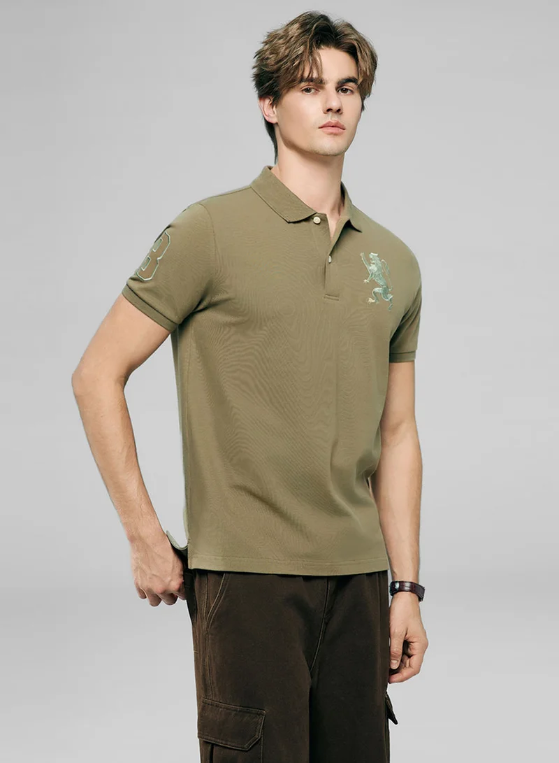 Men’s Slim Fit 3D Lion Embroidery Lycra Pique Polo