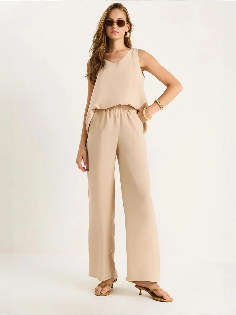 LUCCI V-Neck Cotton Blouse-Pants Two-Piece Set