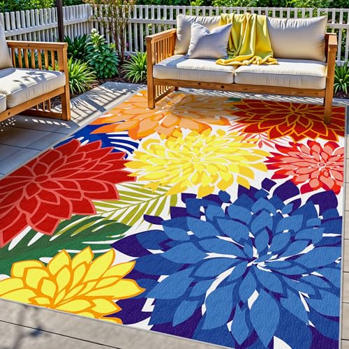 Arenarug Outdoor Area Rug Washable Multicolored Patio Rug Tropical Botanical Modern Floral Outdoor Carpet Non-Slip for Patio, Deck, Backyard, Porch (5x8) - Image 1