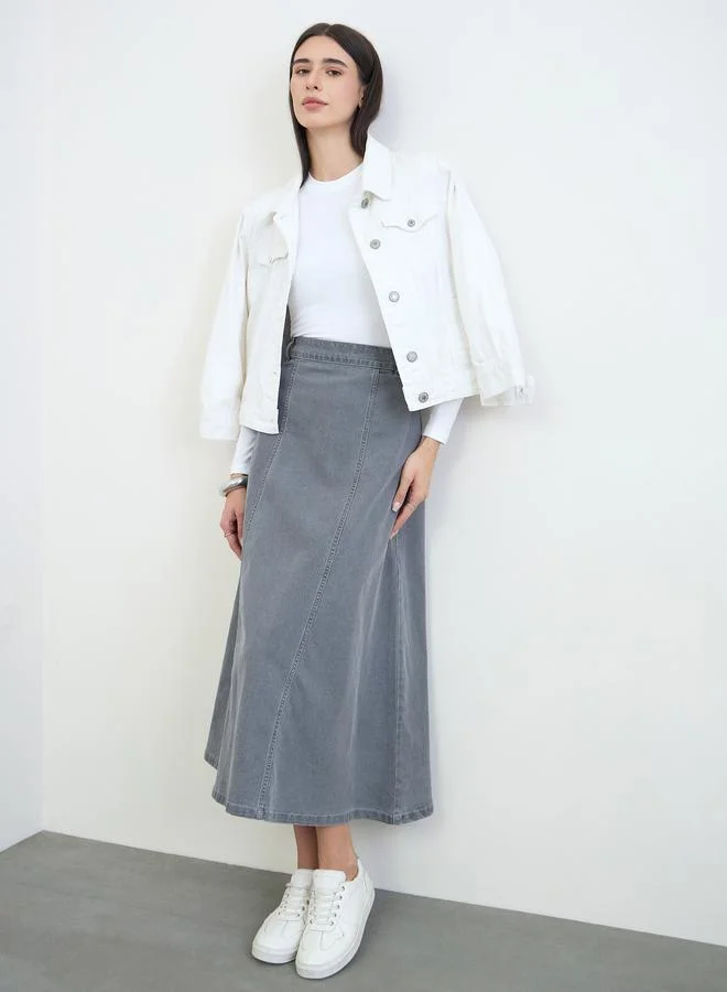 Styli Charcoal A-Line Denim Maxi Skirt