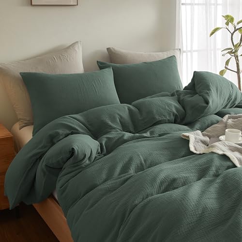 SE SOFTEXLY Muslin Duvet Cover King Size, 100% Washed Cotton Duvet Cover Set, Ultra Soft Comforter Cover Linen Like, 3 Pieces Minimalist Gauze Duvet Cover with 2 Pillowcases, 90"x104", Forest Green - Image 4