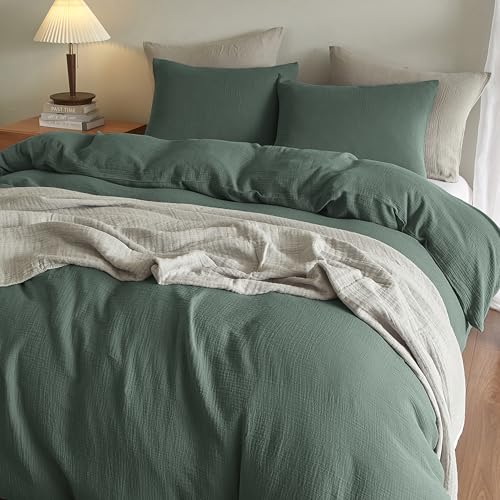 SE SOFTEXLY Muslin Duvet Cover King Size, 100% Washed Cotton Duvet Cover Set, Ultra Soft Comforter Cover Linen Like, 3 Pieces Minimalist Gauze Duvet Cover with 2 Pillowcases, 90"x104", Forest Green - Image 5