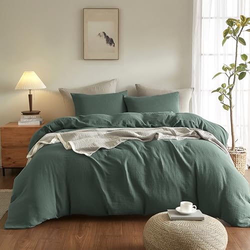 SE SOFTEXLY Muslin Duvet Cover King Size, 100% Washed Cotton Duvet Cover Set, Ultra Soft Comforter Cover Linen Like, 3 Pieces Minimalist Gauze Duvet Cover with 2 Pillowcases, 90"x104", Forest Green - Image 2