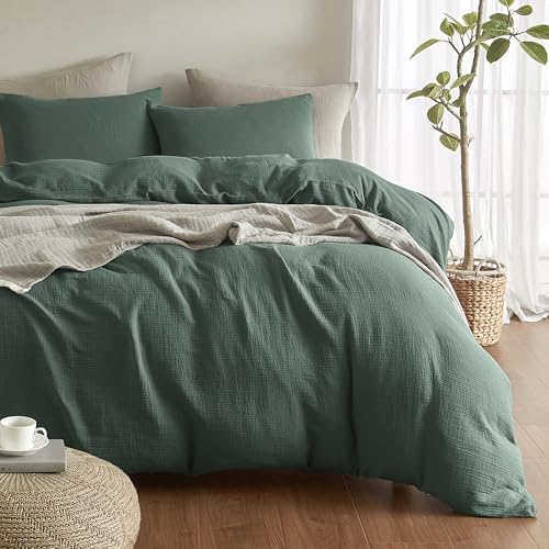 SE SOFTEXLY Muslin Duvet Cover King Size, 100% Washed Cotton Duvet Cover Set, Ultra Soft Comforter Cover Linen Like, 3 Pieces Minimalist Gauze Duvet Cover with 2 Pillowcases, 90"x104", Forest Green - Image 1