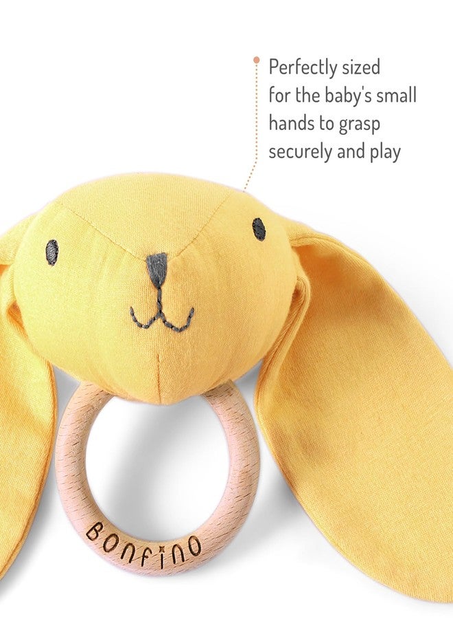 Bonfino Bear Rattle With Wooden Ring | Stuffed Animal Rattle for Babies | Newborn Toy Early Development| Shaker for Hand Grips with Sound| Soft Toy for Newborns & Babies | Early Age Gift Toys - Yellow - Image 4