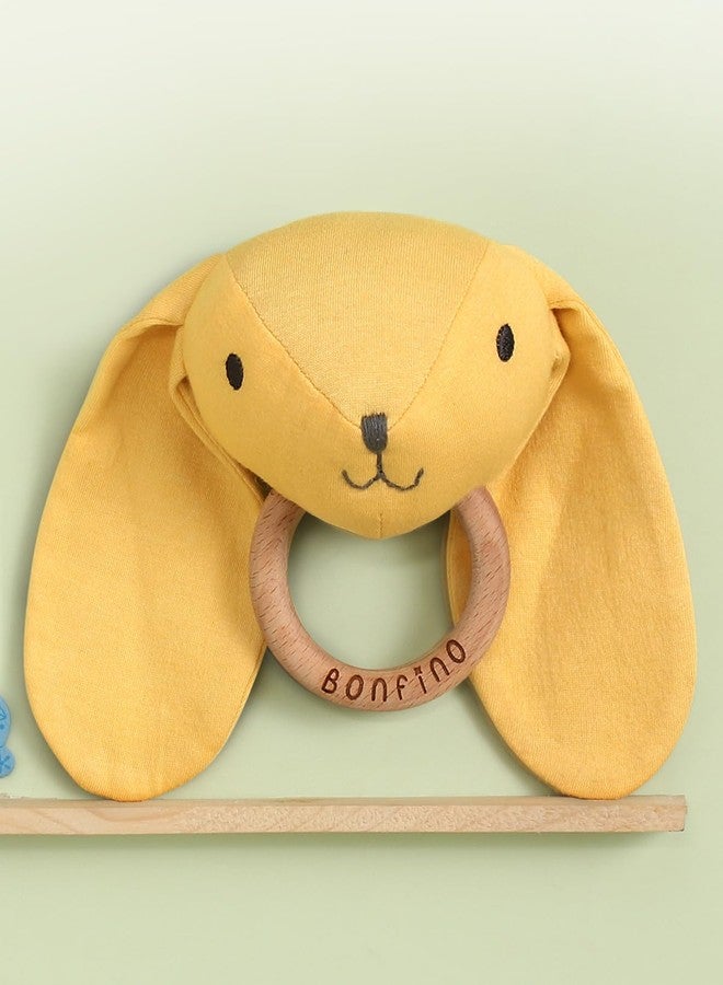 Bonfino Bear Rattle With Wooden Ring | Stuffed Animal Rattle for Babies | Newborn Toy Early Development| Shaker for Hand Grips with Sound| Soft Toy for Newborns & Babies | Early Age Gift Toys - Yellow - Image 1