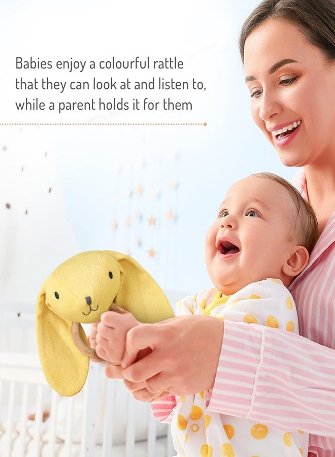 Bonfino Bear Rattle With Wooden Ring | Stuffed Animal Rattle for Babies | Newborn Toy Early Development| Shaker for Hand Grips with Sound| Soft Toy for Newborns & Babies | Early Age Gift Toys - Yellow - Image 3