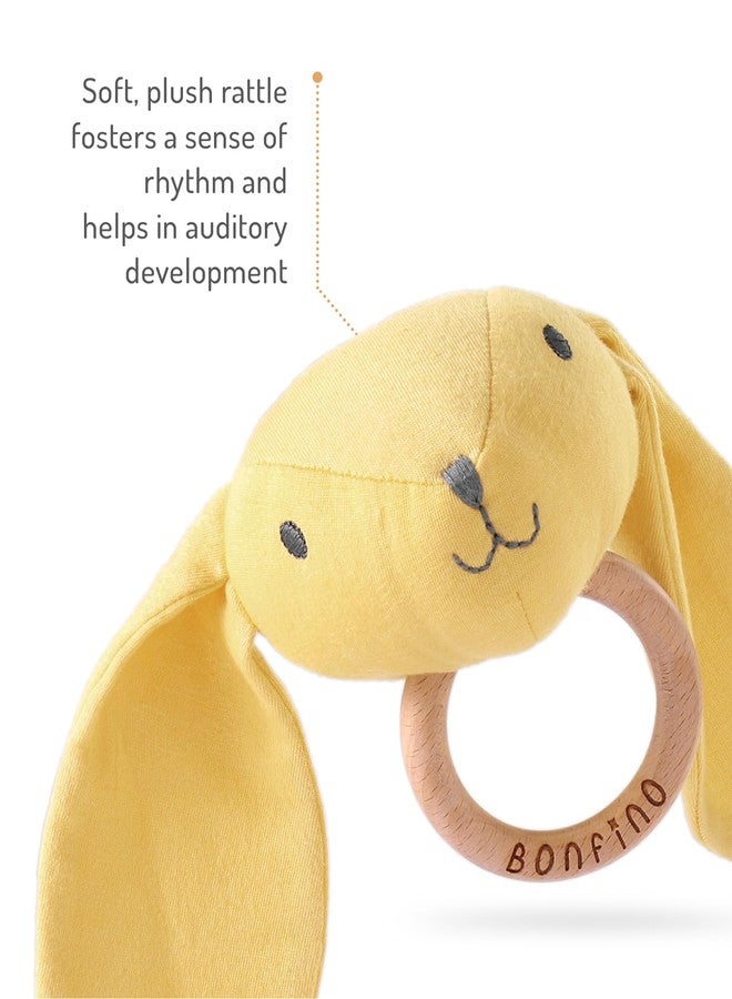 Bonfino Bear Rattle With Wooden Ring | Stuffed Animal Rattle for Babies | Newborn Toy Early Development| Shaker for Hand Grips with Sound| Soft Toy for Newborns & Babies | Early Age Gift Toys - Yellow - Image 5