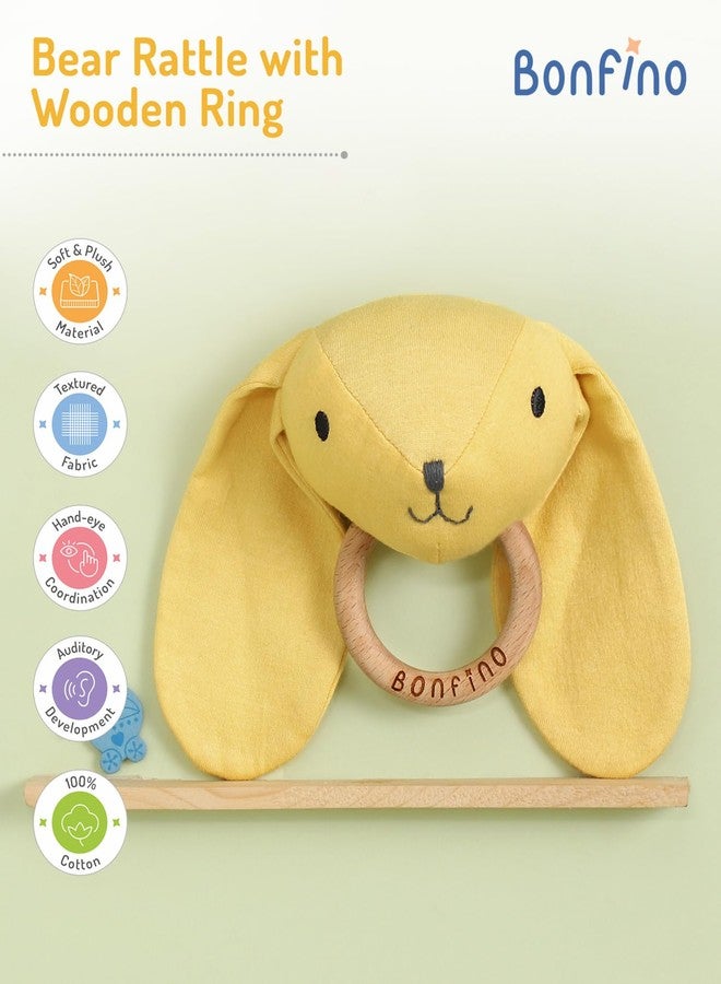 Bonfino Bear Rattle With Wooden Ring | Stuffed Animal Rattle for Babies | Newborn Toy Early Development| Shaker for Hand Grips with Sound| Soft Toy for Newborns & Babies | Early Age Gift Toys - Yellow - Image 2