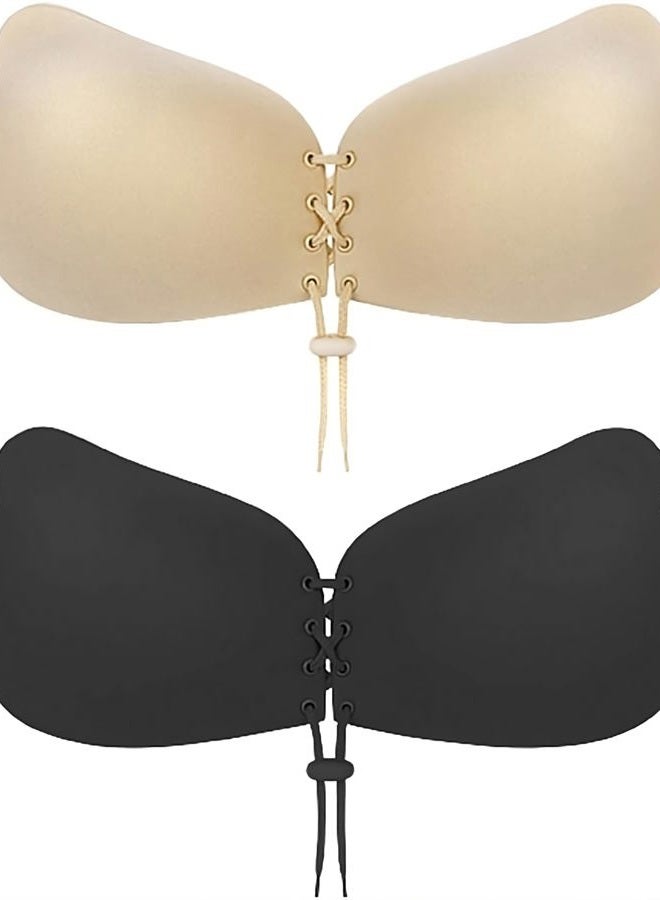 umooie Wangzha Sticky Bra Invisible Lift up Bra Adhesive Bra Invisible Bra Push up Bra Backless Strapless Bra 2 Pairs (Beige and Black C) - Image 1