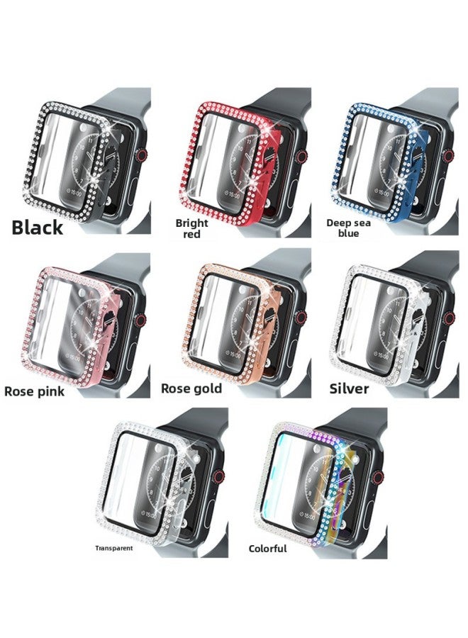 Double Diamond PC Tempered Film All-inclusive Protective Case For Apple Watch 123iwatch456se-Color:Rose Powder-Exterior Dimension:44mm