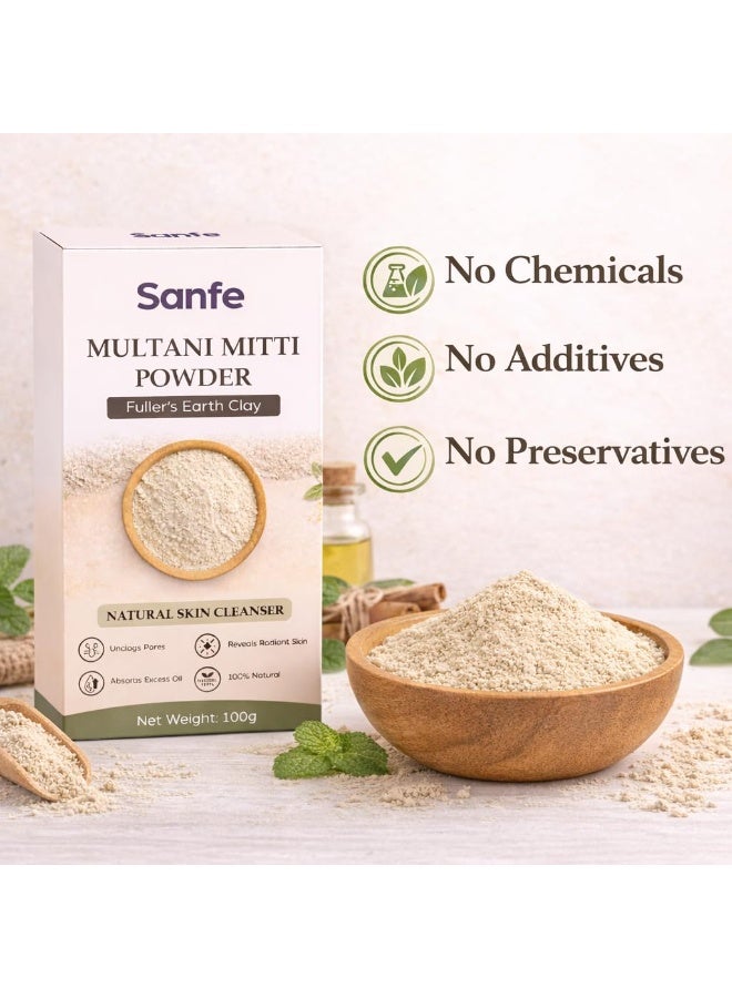 Sanfe Multani Mitti Powder | 100g | Fuller Earth Clay for Face Mask Pack Routine | Natural Skin Cleanser Format | Ubtan Style Powder for Women Care | Oil Absorbing FacePack | 100% Natural - Image 4