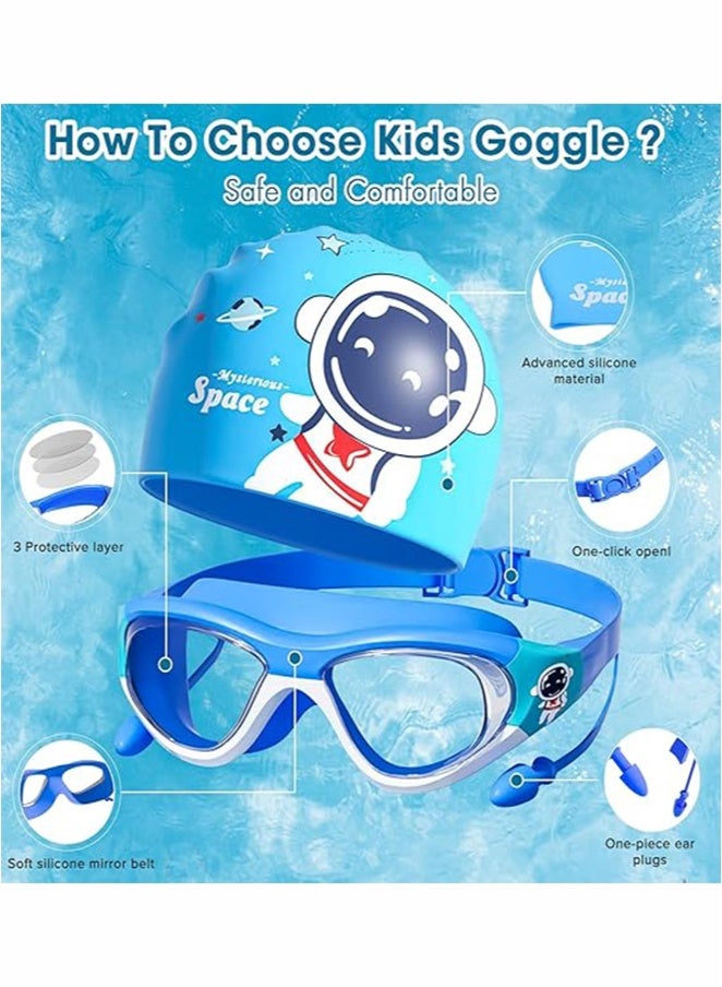 JOGAMS Kids Swimming Goggles with Silicone Swim Cap Wide Vision Anti UV Protection No Leaking Anti Fog Waterproof with Soft Silicone for 4-12 Boys and Girls - Image 2