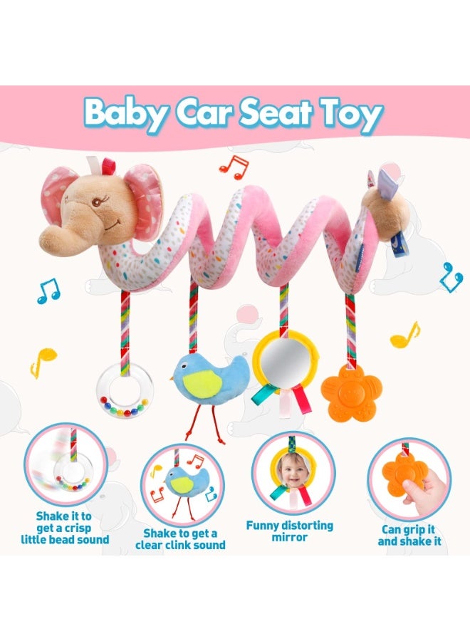 Baby Elephant Spiral Stroller Toy – Hanging Car Seat & Crib Toy with Rattle, Mirror & Teether | BPA-Free Soft Plush Toy for Newborns - Image 3