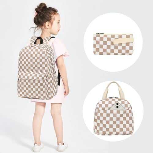 Dezcrab Kids Backpack for Girls Teens School Bags Bookbags Set with Lunch Bag Pencil Case Checkered Brown - Image 3