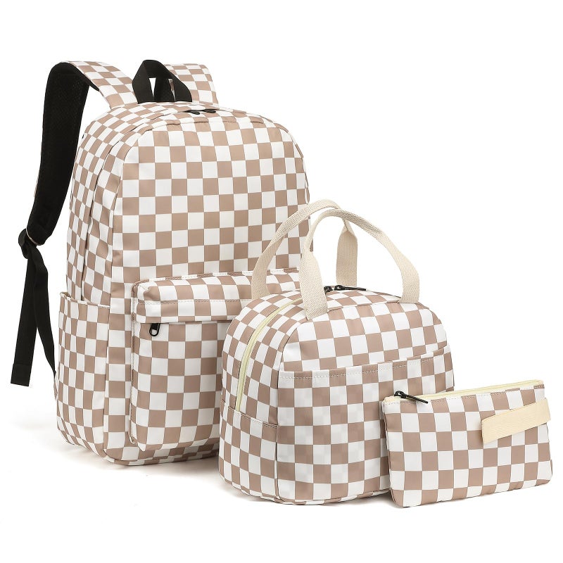 Dezcrab Kids Backpack for Girls Teens School Bags Bookbags Set with Lunch Bag Pencil Case Checkered Brown - Image 2