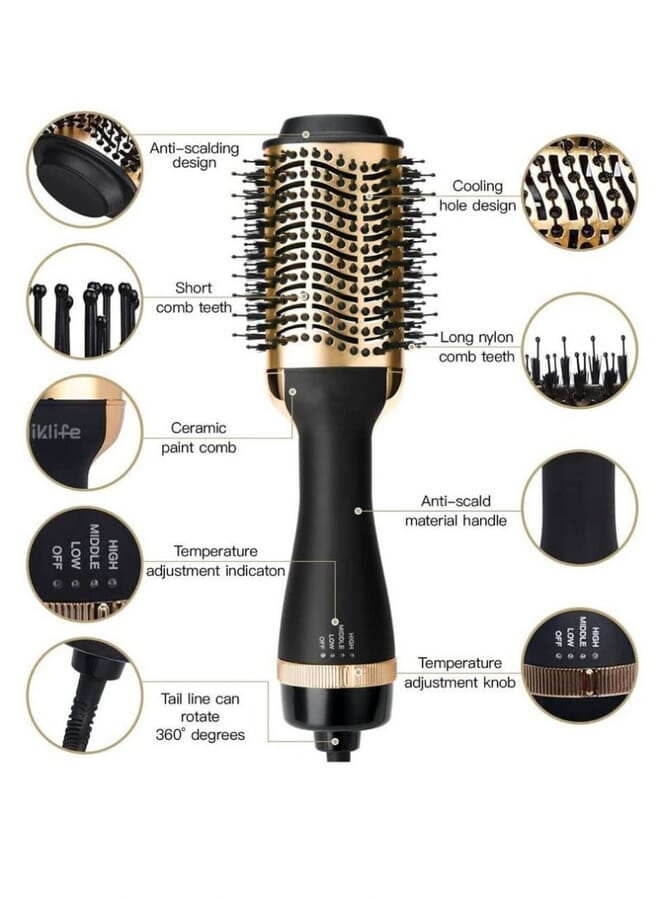 PROMASS Hair Dryer Brush For Styling And Frizz Control Negative Ionic Hot Air Brush Volumizer Ceramic Coating Gold - Image 2