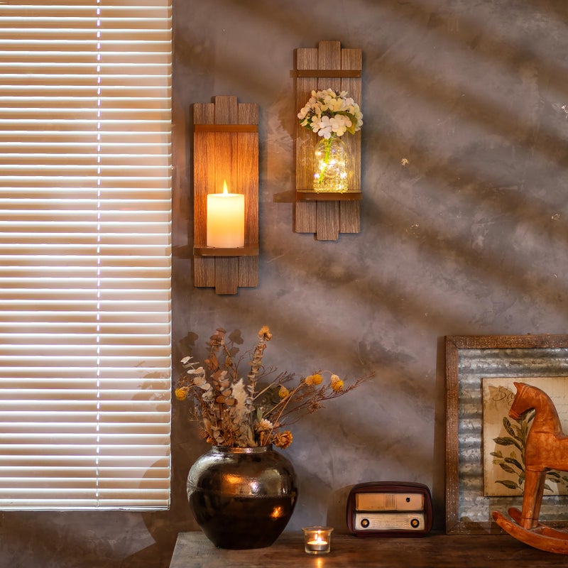 Walasis Wall Candle Holder for Farmhouse: Wood Floating Shelves Candle Sconces Wall Decor Set of 2 - Distressed Candle Holders for Small Vase Pillar Candles Tealight - Image 2