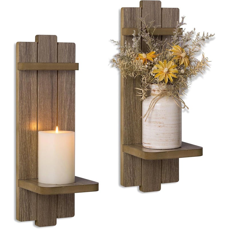 Walasis Wall Candle Holder for Farmhouse: Wood Floating Shelves Candle Sconces Wall Decor Set of 2 - Distressed Candle Holders for Small Vase Pillar Candles Tealight - Image 1