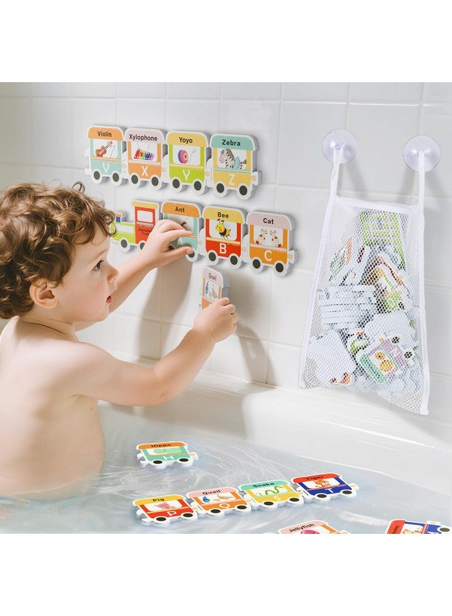 iPlay, iLearn Bath Toy Organizer W/Foam Letters, Toddler Bathtub Toy W/Storage Net, 32 Floating Alphabet Train Puzzle Bathtime Shower Water Play, Learning Birthday Gift 3 4 5 6 Year Old Kid Boy Girl - Image 1