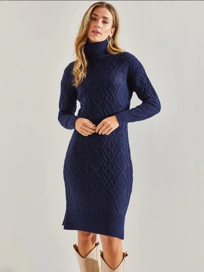 Bianco Lucci LUCCI Textured Turtleneck Fitted Knit Dress