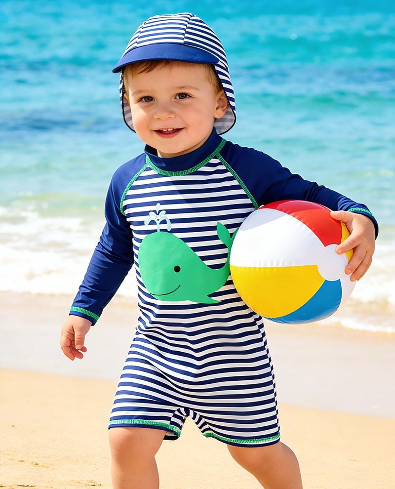 uideazone Whale Swimsuit for Baby Boys 6-12 Months Long Sleeve One Piece Bathing Suit Sun Protection Zipper Swimwear with Sun Hat - Image 4