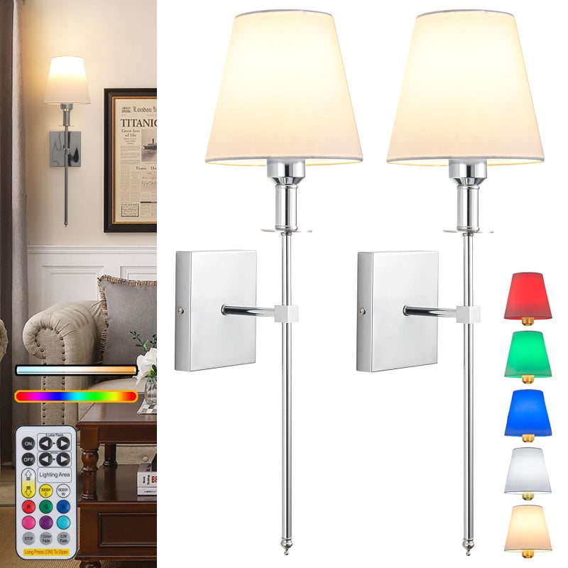 jengush Wall Lights Battery Operated Wall Sconces Set Of 2Chrome Rechargeable Wall Light With Wireless Remote Dimmable12 Colors Modes Cordless Battery Sconce Indoor Wall lamp for Bedroom Living Room Hallway
