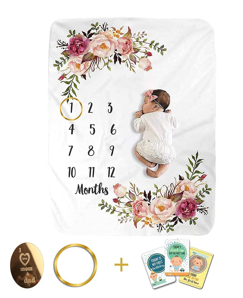 ROITIX Monthly Blankets Soft Floral Memory Blankets Girls Boys Cute Photo Background Blankets White (Rose flower) - Image 1