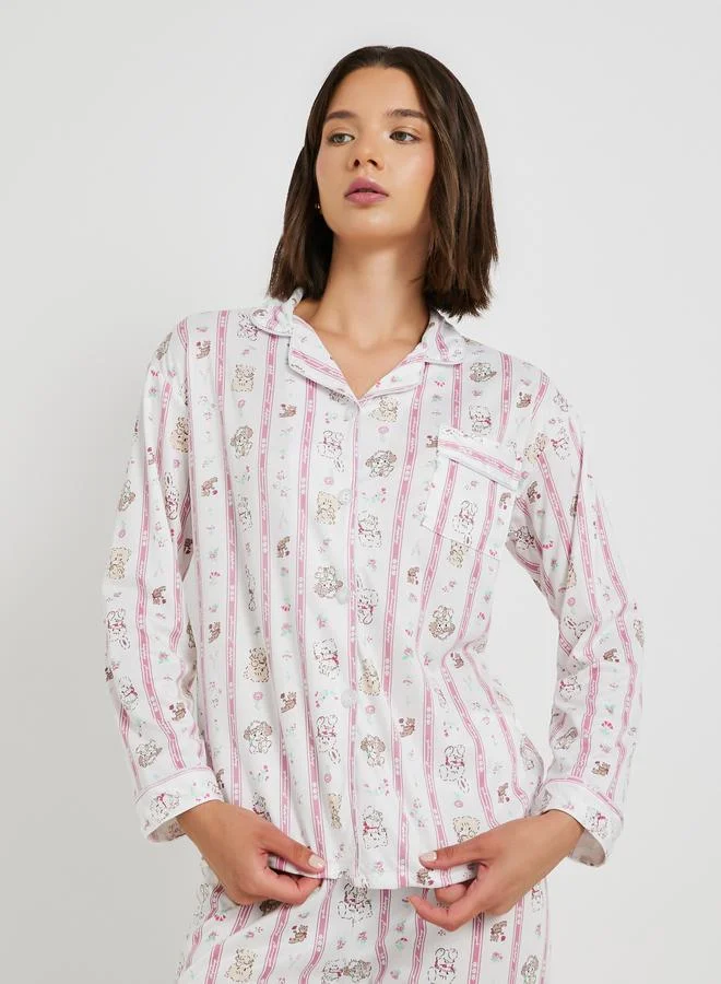 Take Two Take Two Cat Printed Long Sleeve Shirt and Pyjama Set