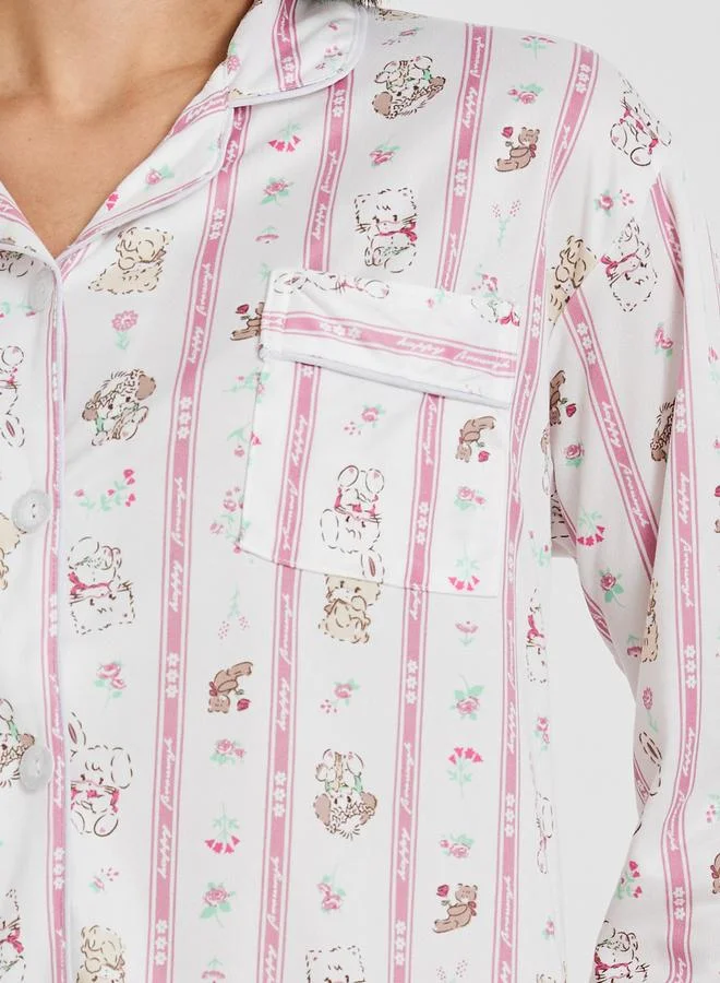 Styli Styli Cat Printed Long Sleeve Shirt and Pyjama Set