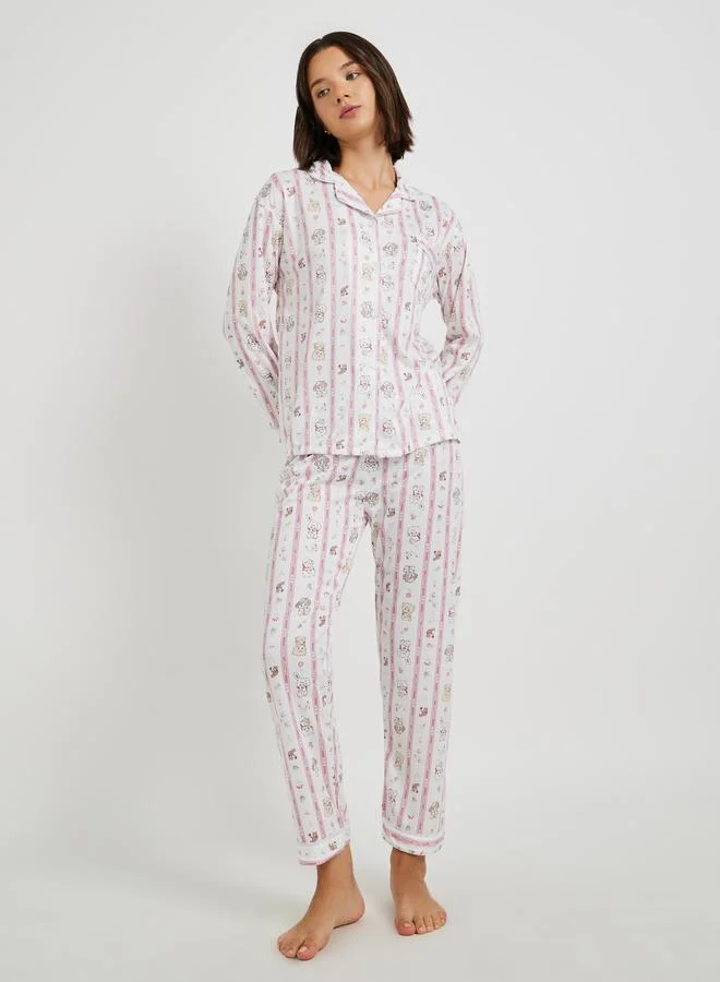 Take Two Take Two Cat Printed Long Sleeve Shirt and Pyjama Set