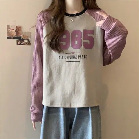 Korean Style Spring and Autumn New Loose All-match Contrast Color T-shirt Stitching Pullover Shoulder Long-sleeved Short Sweatshirt Womens Trendy gray and purple - Image 1