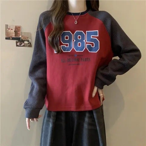 Korean Style Spring and Autumn New Loose All-match Contrast Color T-shirt Stitching Pullover Shoulder Long-sleeved Short Sweatshirt Womens Trendy gray and purple - Image 2
