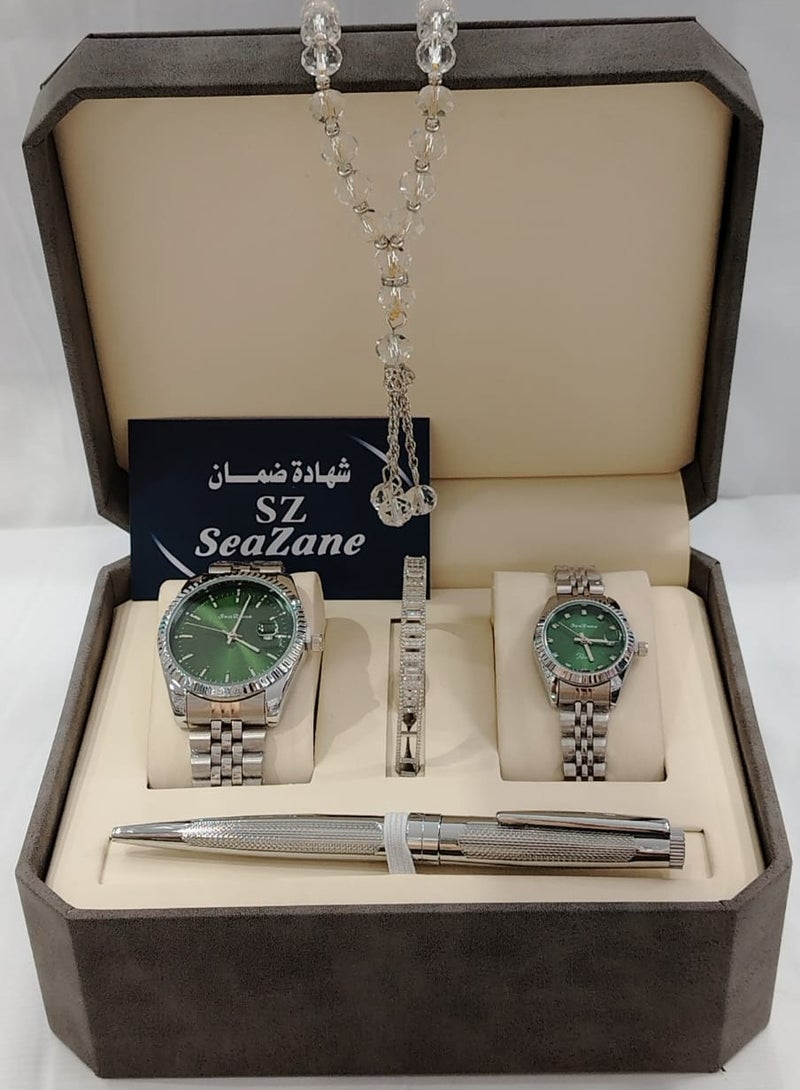 Generic Men's watch set with pen and rosary + women's watch and zircon bracelet with zircon ring 