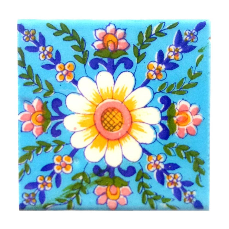 Shiv Kripa Blue Pottery Shiv Kripa Blue Pottery Home Decor Handmade Tabletop Interior Exterior Flooring Wall Kitchen Washroom Tile Floral Decorative Mosaic Wall Tiles 3 x 3 Inch Set of 16 Tiles Multi Color 
