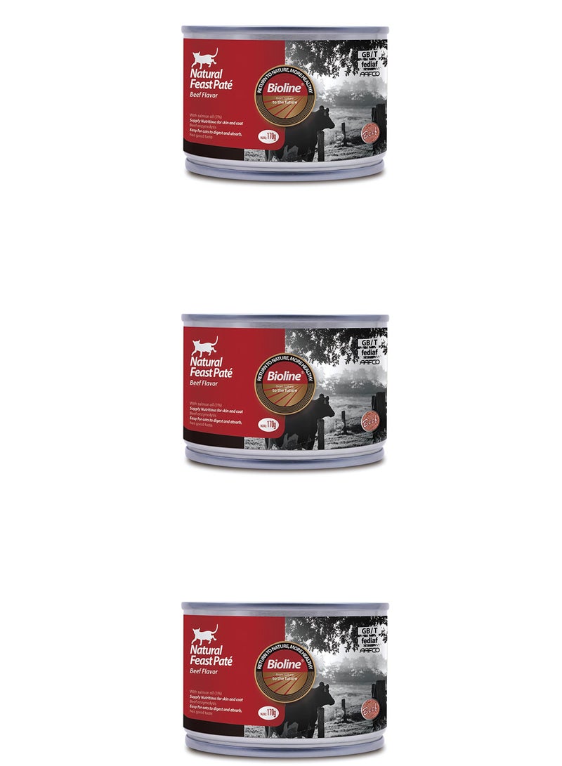 بايولاين باتيه بيولاين ناتشورال فيست للقطط بنكهة لحم البقر، علبة 170 جم × 3 قطع - Image 1