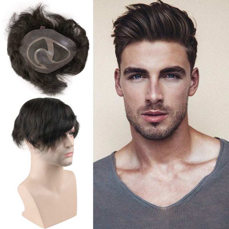Hair Replacement for Men Thin Skin Toupee Mono Lace Top Mens Hair Pieces Replacement System 3 Dark Brown Color Human Hair Mens Wig 10x8inch