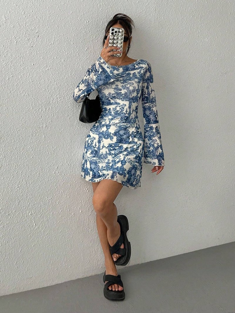 Women's Flared Sleeve Mesh Backless Dress with Print - Image 5