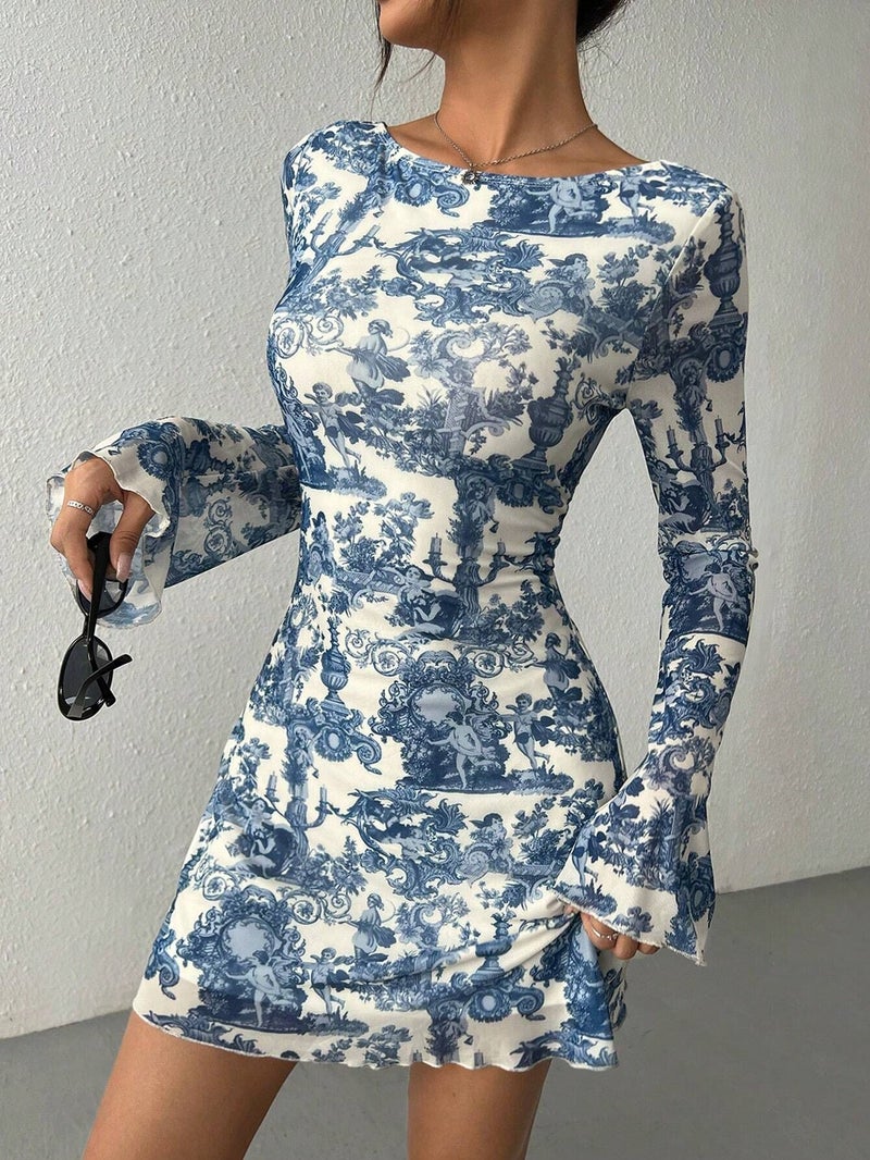 Women's Flared Sleeve Mesh Backless Dress with Print - Image 2