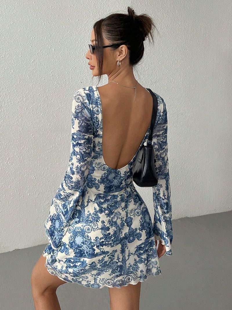 Women's Flared Sleeve Mesh Backless Dress with Print - Image 1
