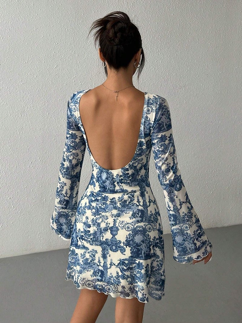 Women's Flared Sleeve Mesh Backless Dress with Print - Image 3