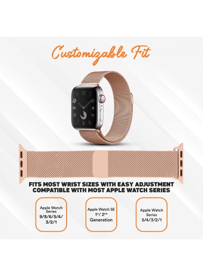 FITIT Milanese Loop Band Compatible with Apple Watch Series 1–9, SE, Ultra, Stainless Steel Strap with Magnetic Lock, 42/44/45/49mm – Rose Gold – fitit - Image 5