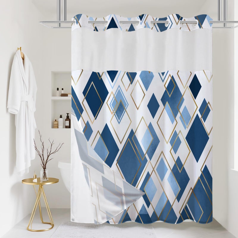 TWLSNCD No Hook Shower Curtain with Snap in Liner Set, Blue Modern Geometric Shower Curtains for Bathroom, Hotel Fabric Bath Curtain with Mesh Top Window, Waterproof & Quick Dry, Navy 71" x 74" - Image 1