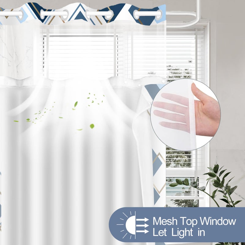 TWLSNCD No Hook Shower Curtain with Snap in Liner Set, Blue Modern Geometric Shower Curtains for Bathroom, Hotel Fabric Bath Curtain with Mesh Top Window, Waterproof & Quick Dry, Navy 71" x 74" - Image 2