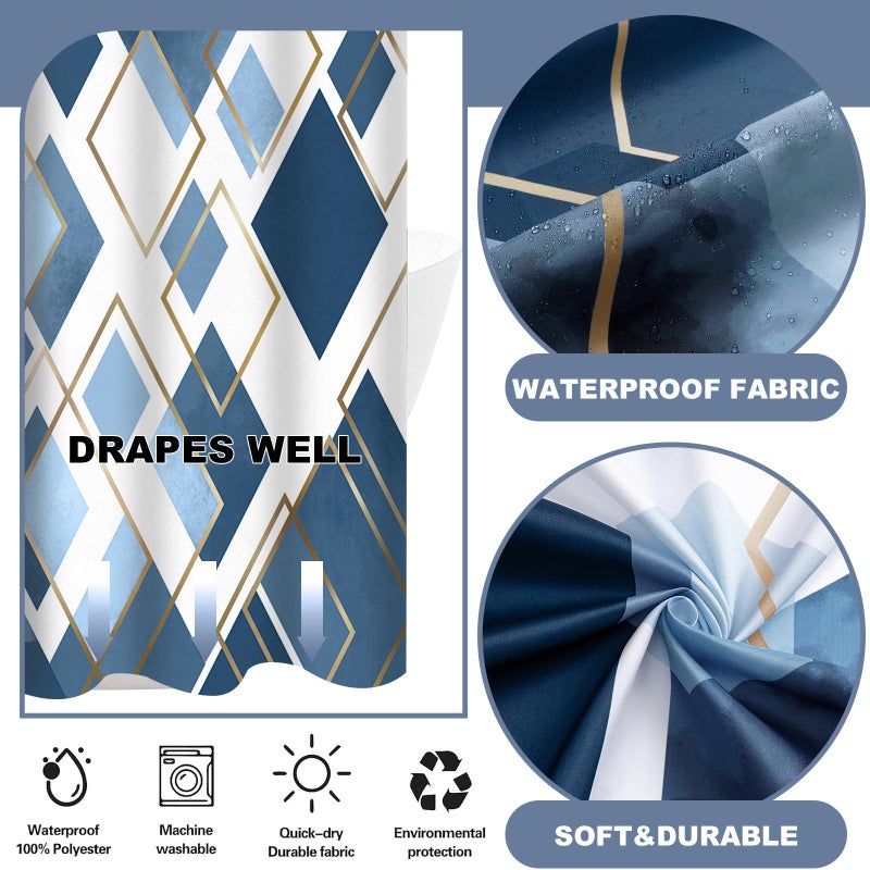 TWLSNCD No Hook Shower Curtain with Snap in Liner Set, Blue Modern Geometric Shower Curtains for Bathroom, Hotel Fabric Bath Curtain with Mesh Top Window, Waterproof & Quick Dry, Navy 71" x 74" - Image 3