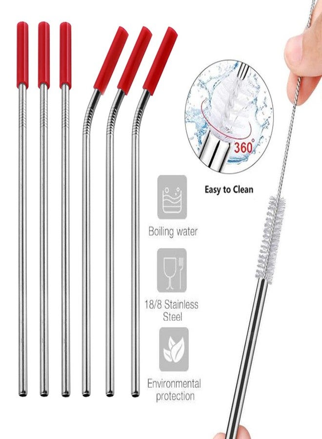 Hoshen 7 Piece 8.5 Inch Reusable Stainless Steel Straw Set With Anti-Scratch Mouth Silicone Tip, Bone Pack Set (3 Straight/3 Curved/1 Brush/6 Silicone Mouth) - Red - Image 5