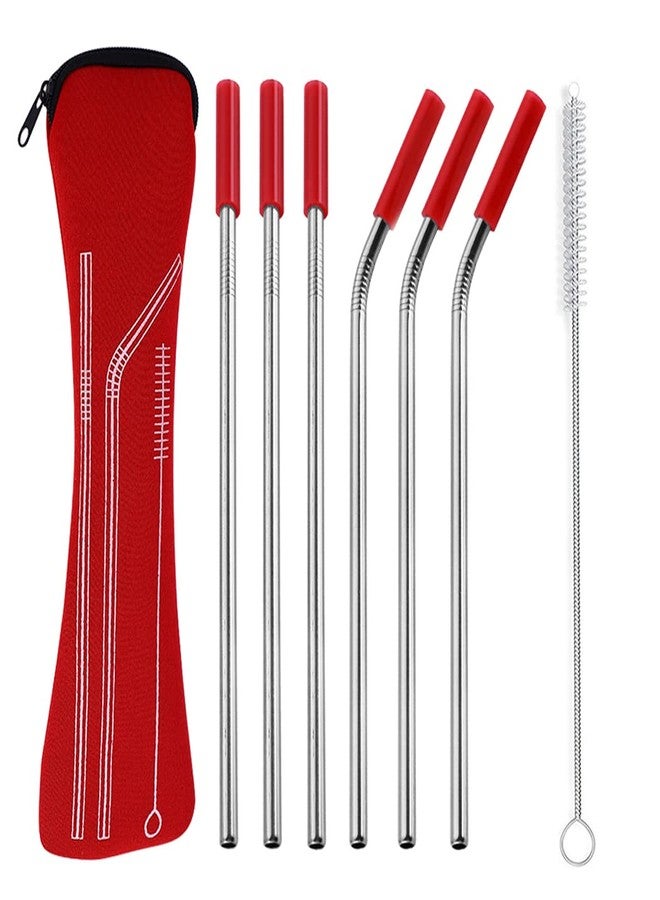 Hoshen 7 Piece 8.5 Inch Reusable Stainless Steel Straw Set With Anti-Scratch Mouth Silicone Tip, Bone Pack Set (3 Straight/3 Curved/1 Brush/6 Silicone Mouth) - Red - Image 1