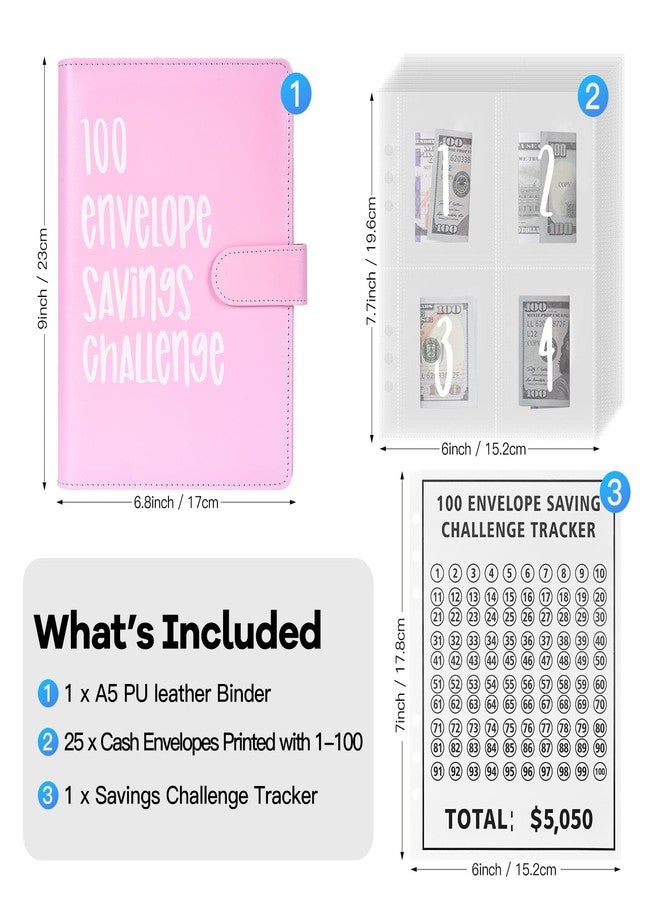 ARRLSDB 100 Envelopes Challenge Binder, 100 Envelopes Money Saving Challenge, A5 Money Saving Budget Binder with Cash Envelopes to Save $5,050 Budget Planner Black (Pink) - Image 2