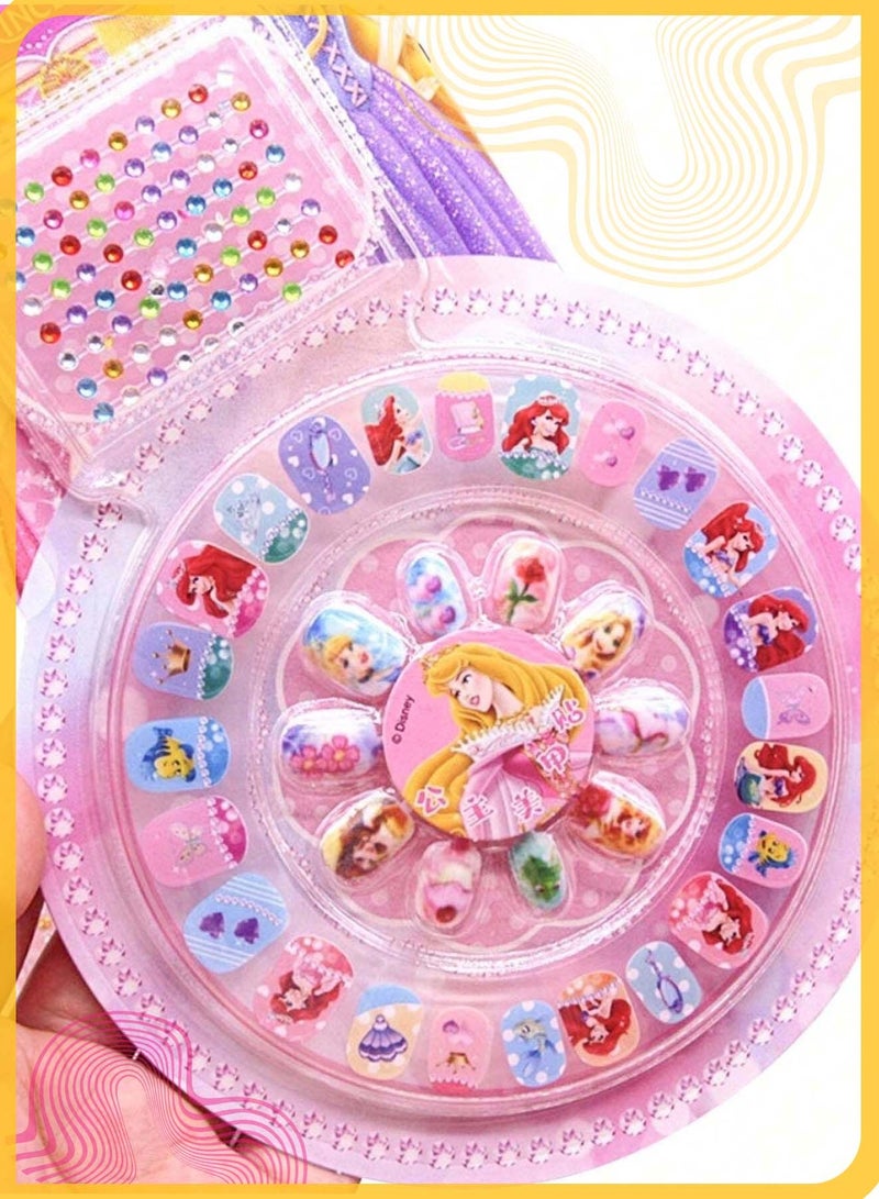 She&Little 102Pcs Cartoon Princess Fake Nails for Kids with Little Rhinestones, Safe & Non-Toxic Full Cover Press-on Nail Tips for Girls, Perfect DIY Nail Art Gift for Little Girls (Random Styles)  - Image 3