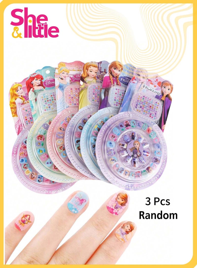 She&Little 102Pcs Cartoon Princess Fake Nails for Kids with Little Rhinestones, Safe & Non-Toxic Full Cover Press-on Nail Tips for Girls, Perfect DIY Nail Art Gift for Little Girls (Random Styles)  - Image 1